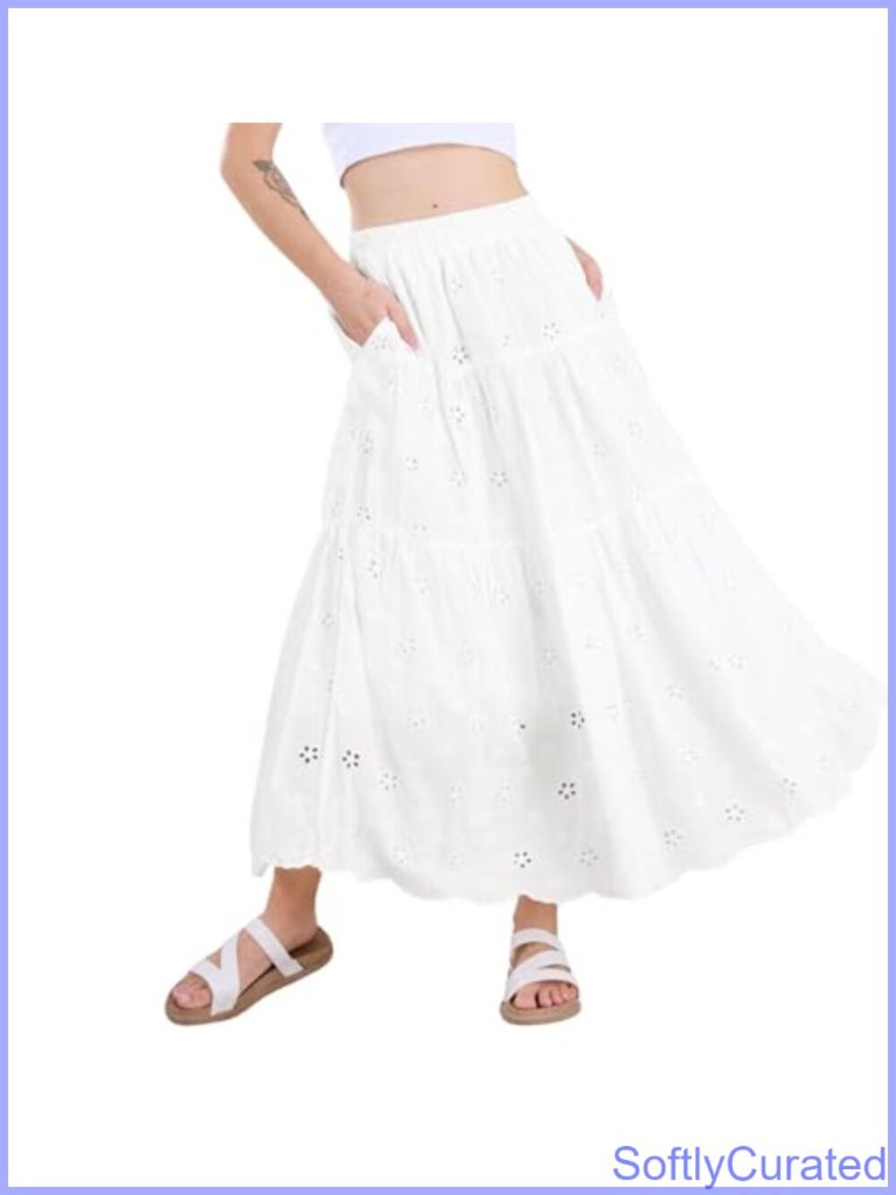 Women's Lace Eyelet Midi Skirt High Waisted A-Line Flowy Swing